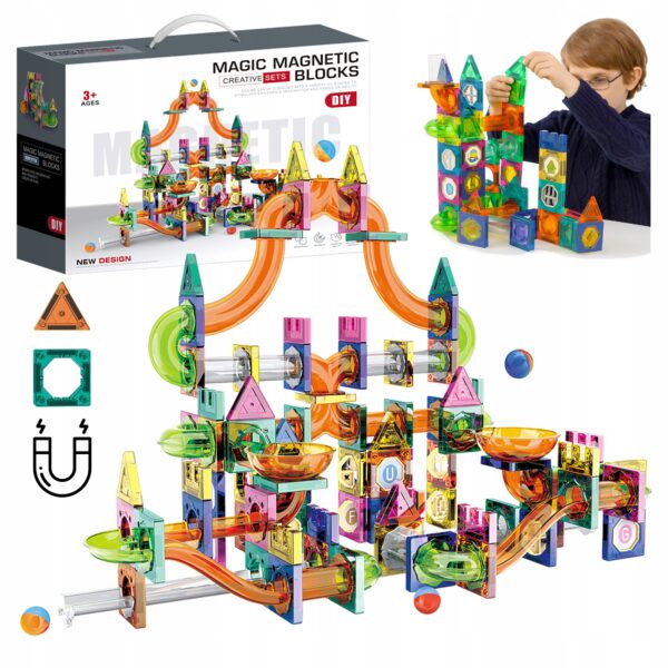 Klocki Magnetyczne konstrukcyjne zestaw 3D edukacyjne Tor kulkowy 297 el