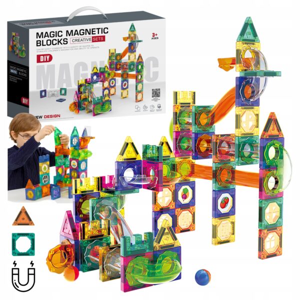 Klocki Magnetyczne konstrukcyjne zestaw 3D Tor kulkowy edukacyjne 160 el